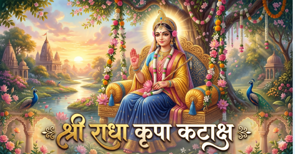Devotional painting of a Hindu goddess seated on an ornate throne under a flowering tree, blessing with one hand, with peacocks, temples, and a sunset in the background, and the inscription Shri Radha Krishna Katha at the bottom.
