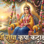 Devotional painting of a Hindu goddess seated on an ornate throne under a flowering tree, blessing with one hand, with peacocks, temples, and a sunset in the background, and the inscription Shri Radha Krishna Katha at the bottom.