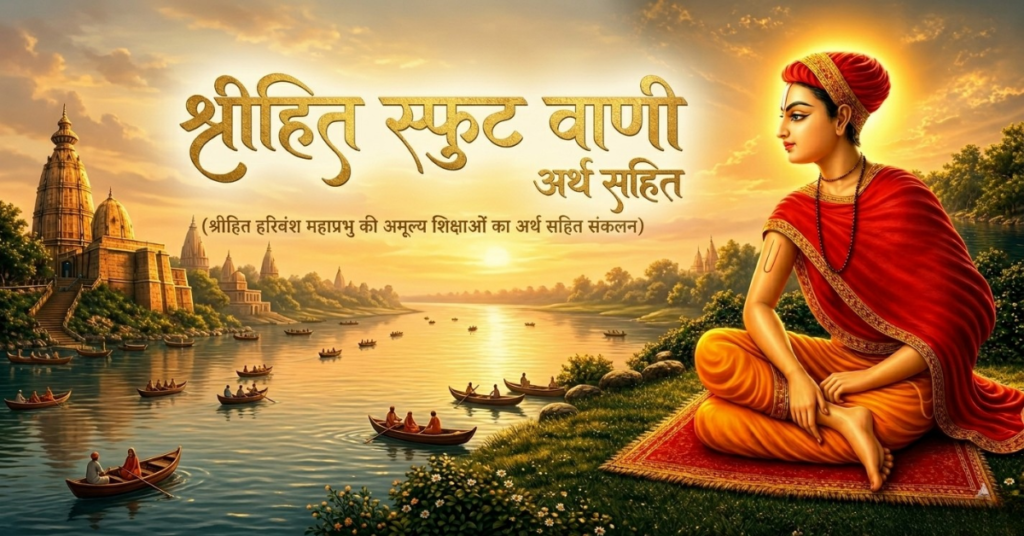 Devotional poster: a sage in orange robes sits on a red carpet by a sunset river, with boats and temples in the distance.