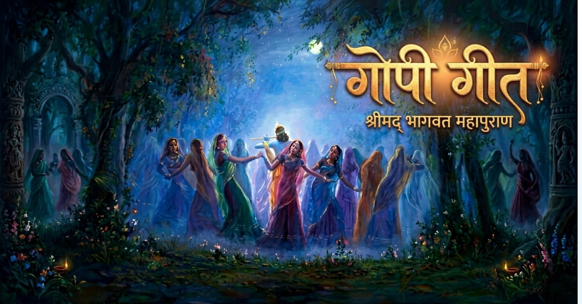Colorful fantasy scene of women in sarees dancing in a moonlit forest, with a man playing a flute at the center and golden Hindi title text above.