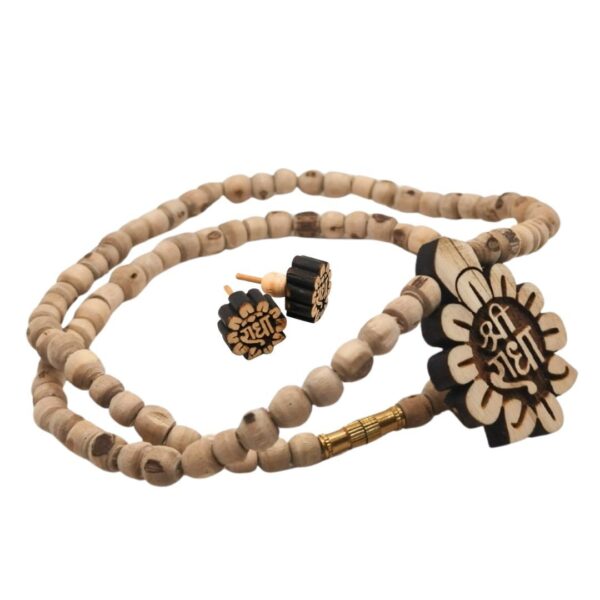 A Set Of Shri Radha Naam Locket Tulsi Mala With Radha Naam Flower Eartops ( PC : C3) - Image 3