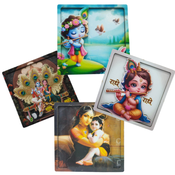 Shri Krishna Cute Various Design 3D Beautiful Design Cardboard Square Fridge Magnets, Home Decor Set of 4 (PC : 733)