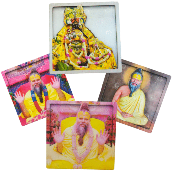 Premanand Maharaj And Shri Radhavallabh Lal Ji 3D Beautiful Design Cardboard Square Fridge Magnets, Home Decor Set of 4 (PC : 726)