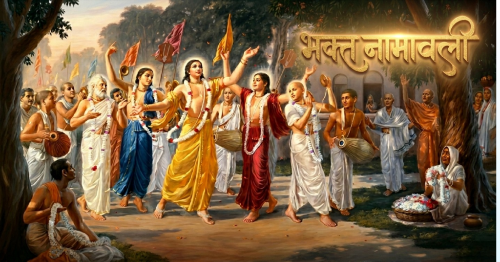 Colorful devotional scene: men and women dancing with garlands while musicians play in a forest-like temple setting.