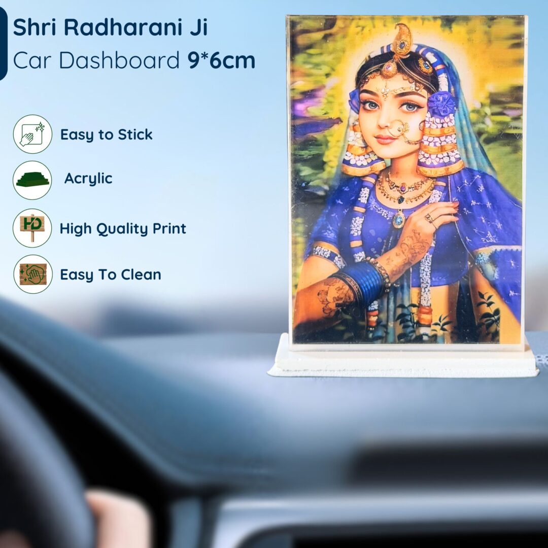 Shri Radharani Ji Acrylic Car Dashboard Photo Stand – 9×6 cm