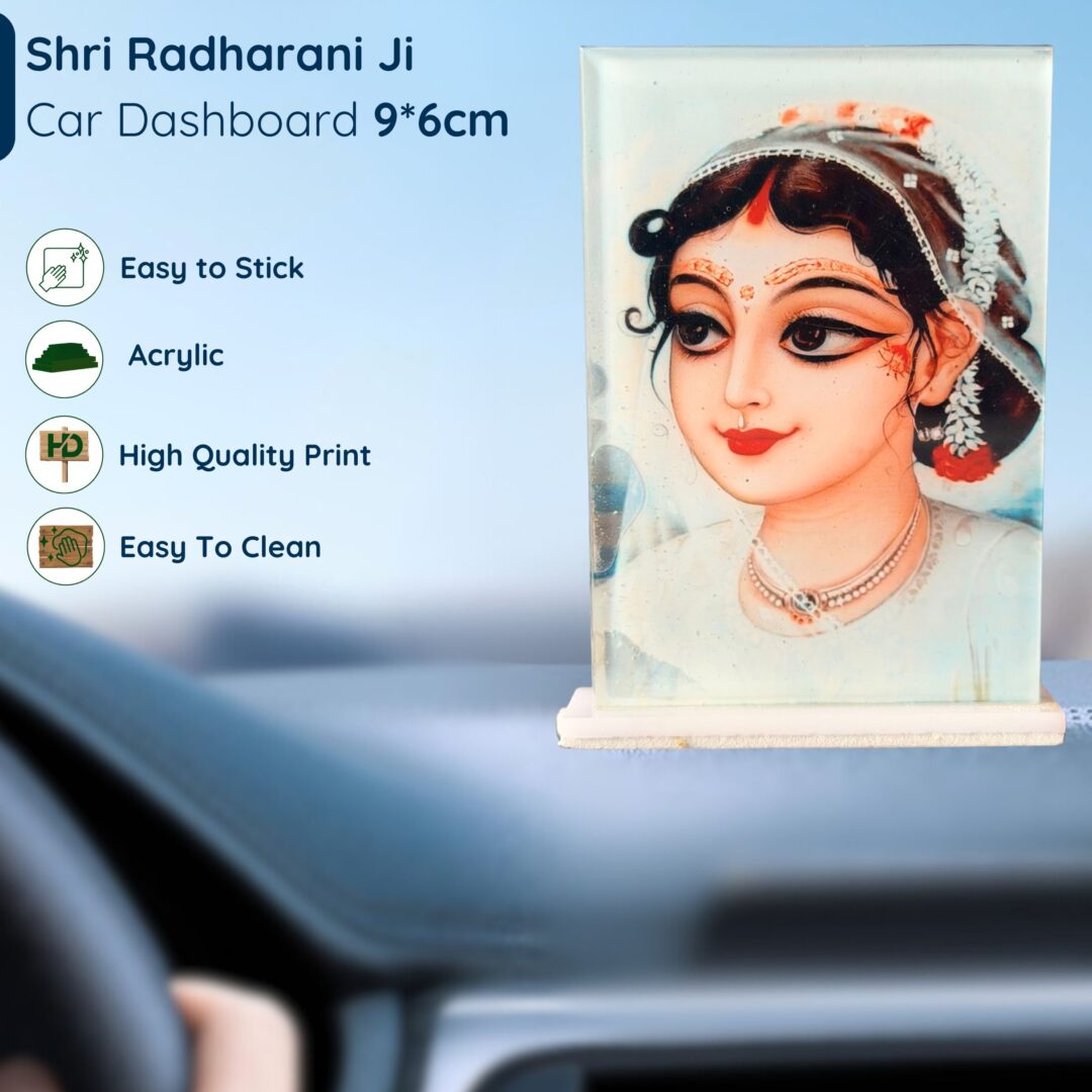 Shri Radharani Ji Acrylic Car Dashboard Photo Stand – 9×6 cm