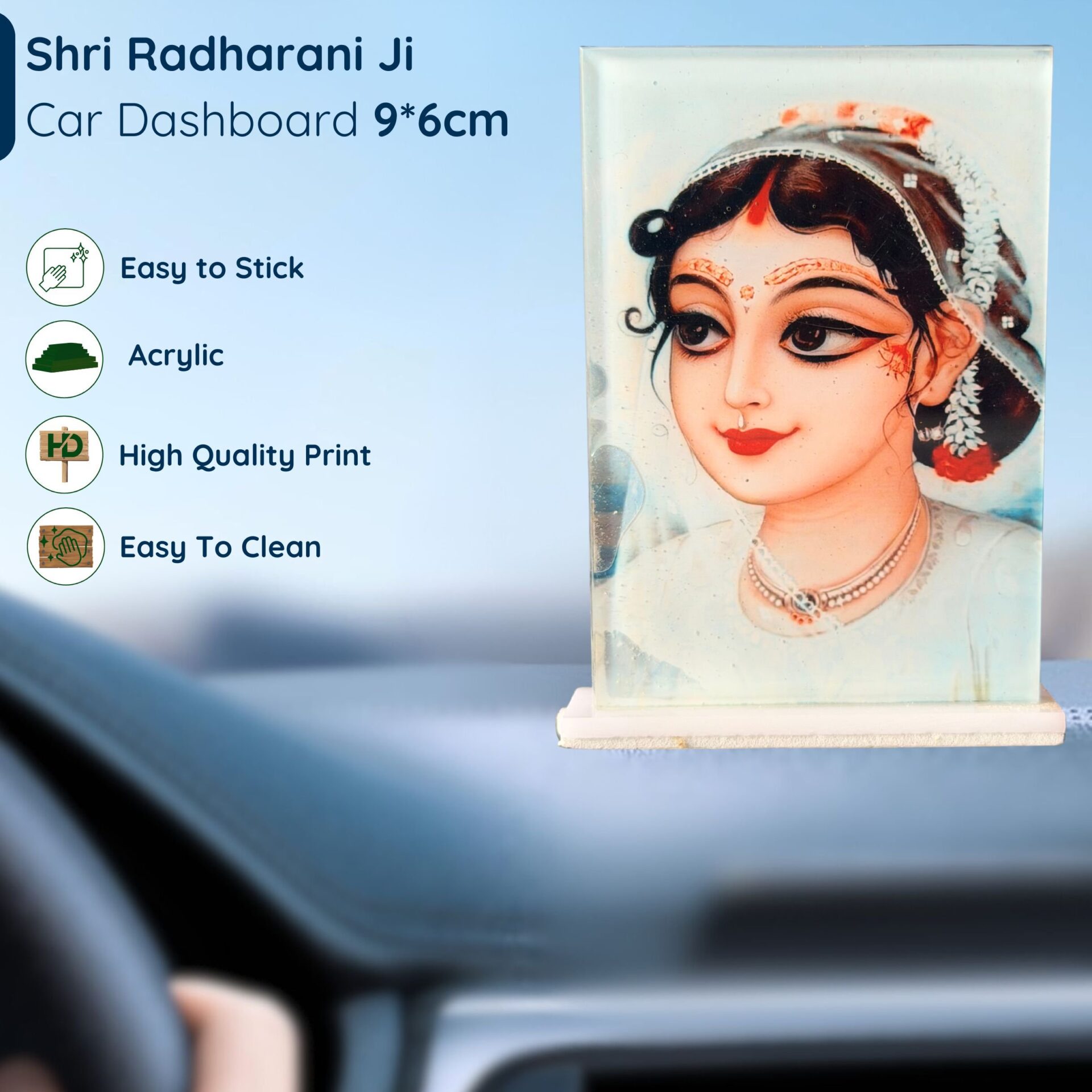 Shri Radharani Ji Acrylic Car Dashboard Photo Stand – 9×6 cm