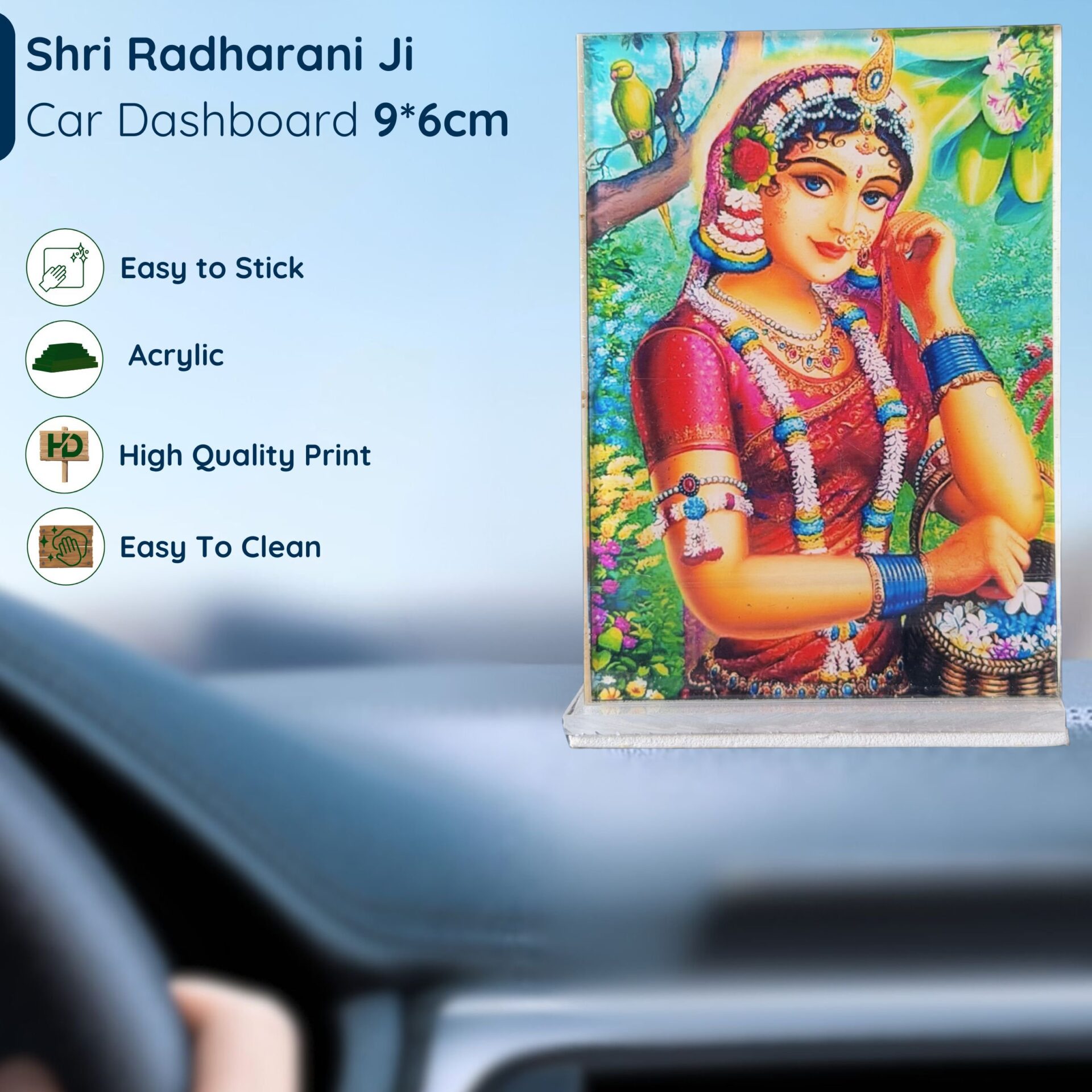 Shri Radharani Ji Acrylic Car Dashboard Photo Stand – 9×6 cm