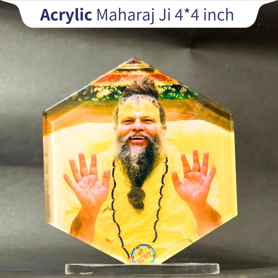 Shri Premanand Ji Hexagon Acrylic Standy – 4x4 Inch Car Dashboard & Temple Decor