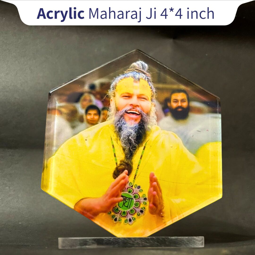 Shri Premanand Ji Hexagon Acrylic Standy – 4x4 Inch Car Dashboard & Temple Decor