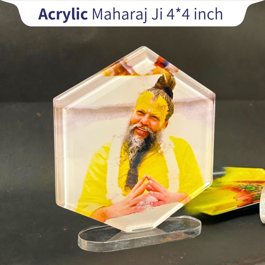 Shri Premanand Ji Hexagon Acrylic Standy – 4x4 Inch Car Dashboard & Temple Decor