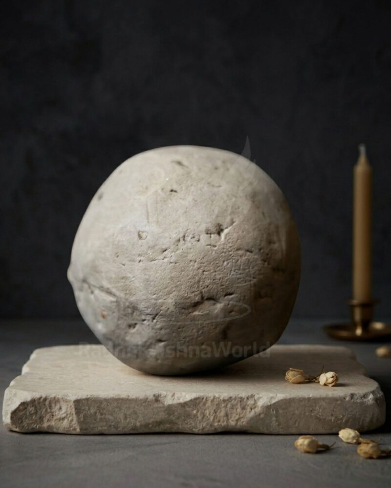 Rough stone sphere resting on a flat pedestal, with a brass candle holder to the right and dried seeds scattered on the surface against a dark background.