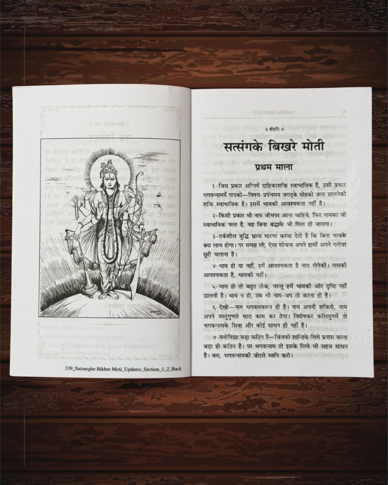 Two-page spread of a Hindi book opened to a deity illustration on the left and Devanagari text on the right, with a detailed sketch of a multi-armed goddess on the left page.
