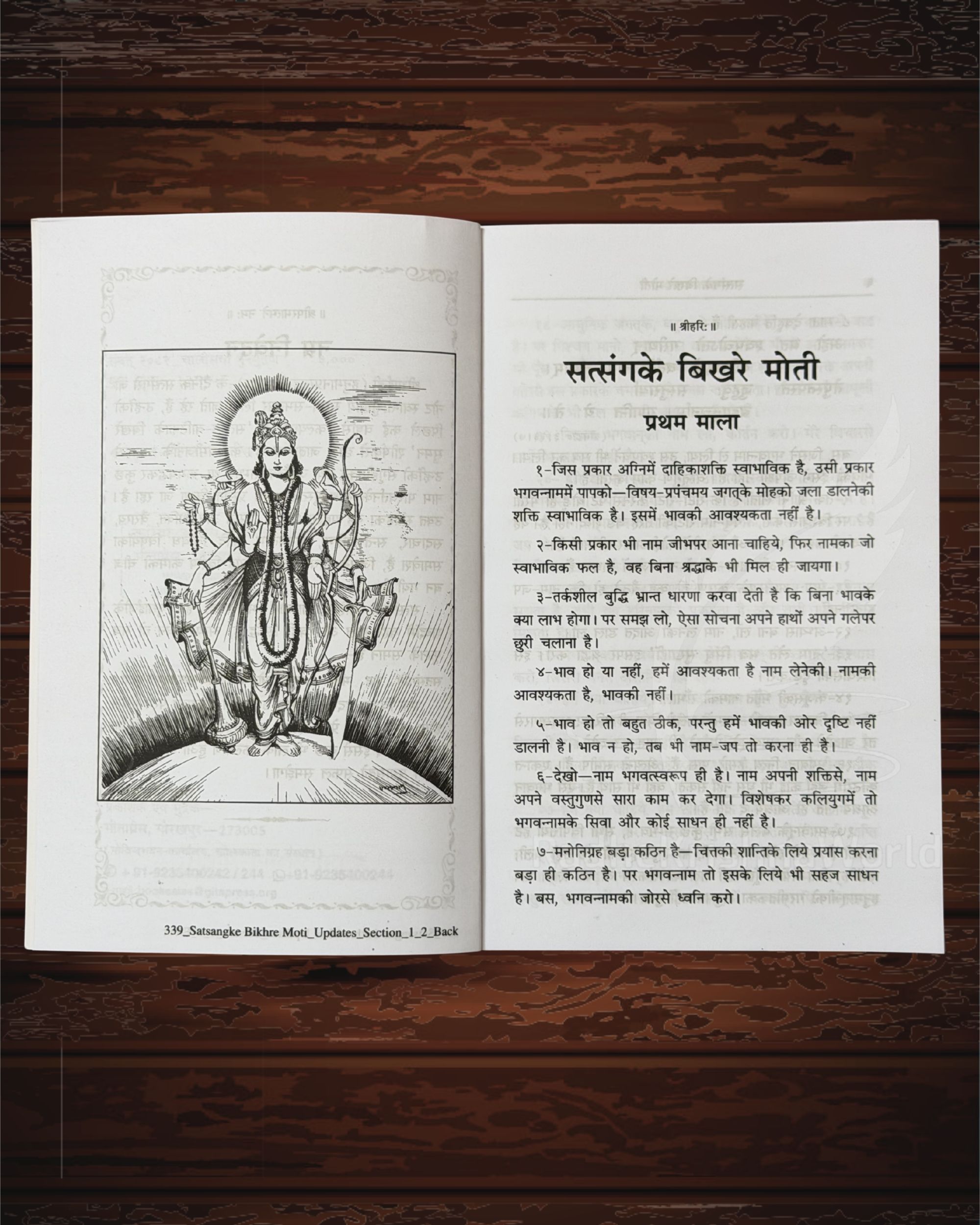 Two-page spread of a Hindi book opened to a deity illustration on the left and Devanagari text on the right, with a detailed sketch of a multi-armed goddess on the left page.