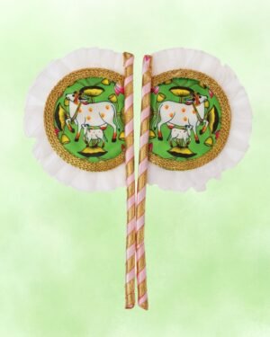 Hand Made Fan Pair for Thakur Ji Sewa (7x3 Inch) | Sacred Cow Print on Green Background with White Cloth Border | Premium Deity Summer Pankha