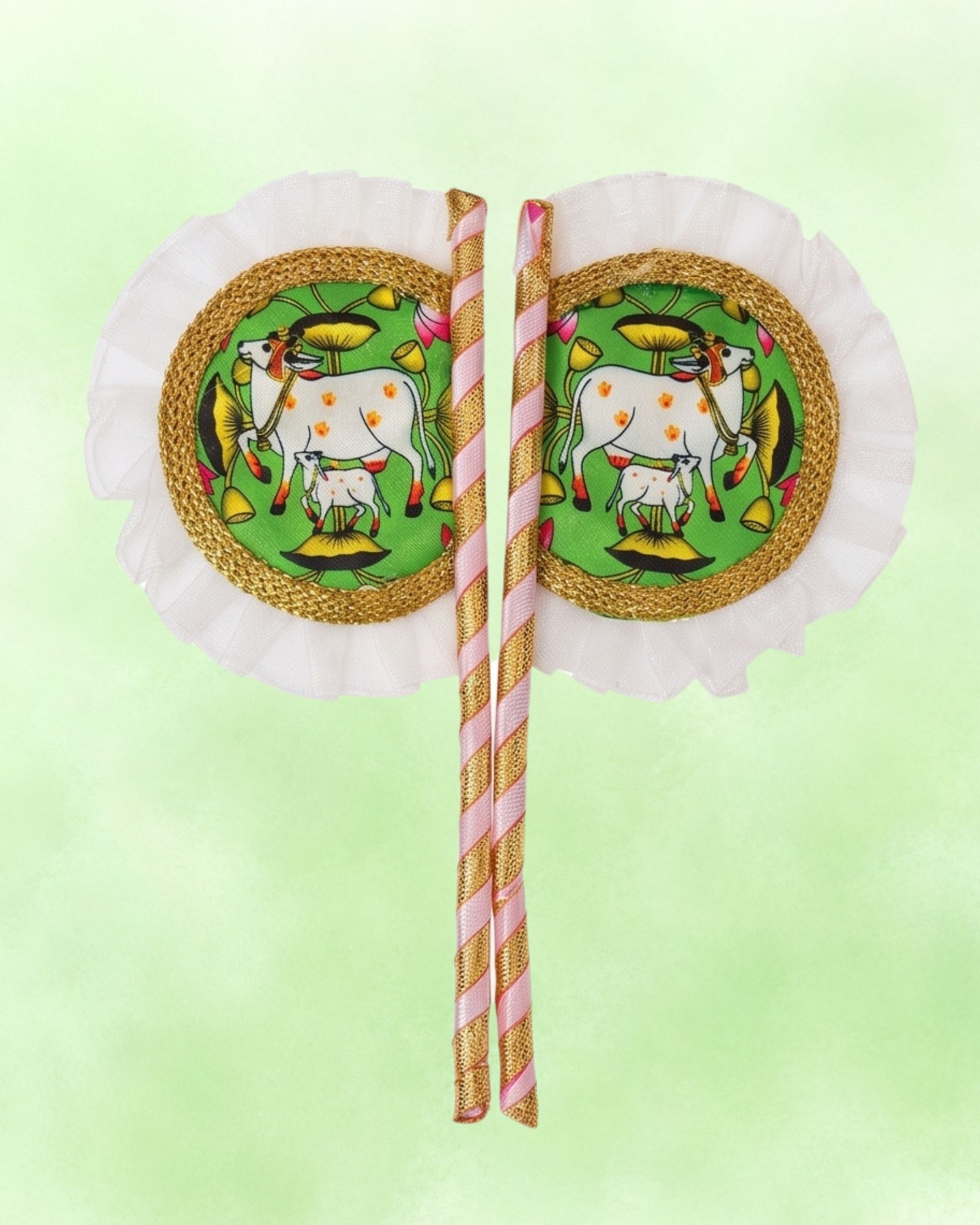 Hand Made Fan Pair for Thakur Ji Sewa (7x3 Inch) | Sacred Cow Print on Green Background with White Cloth Border | Premium Deity Summer Pankha