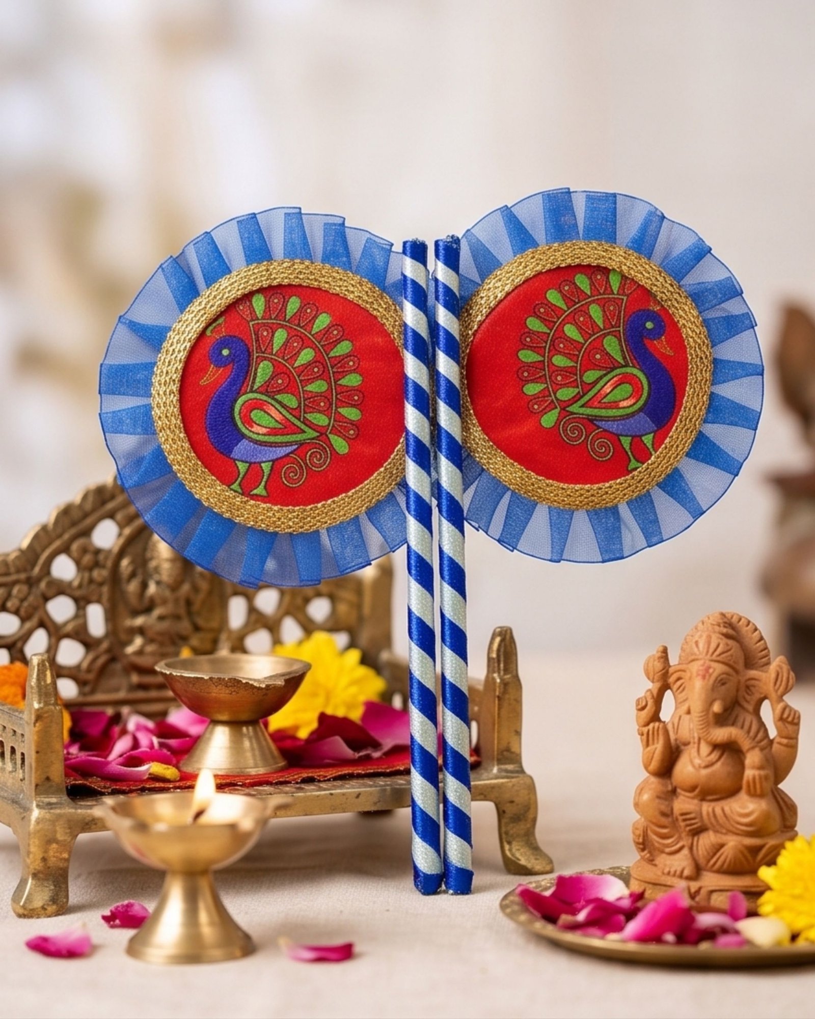 Hand Made Fan Pair for Thakur Ji Sewa (7x3 Inch) | Sacred Peacock Print on Red Background with Blue Cloth Border | Premium Deity Summer Pankha - Image 3