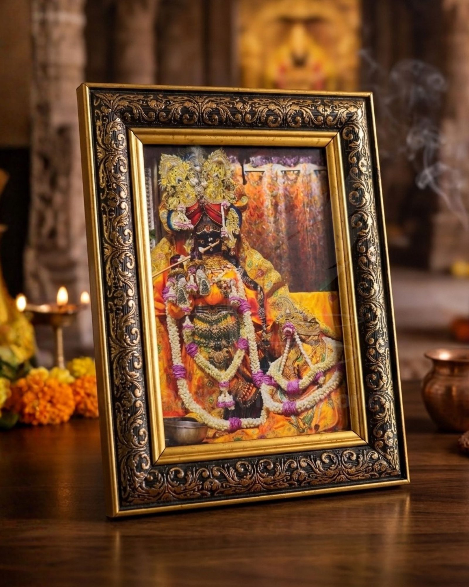 Shri Radha Vallabh Ji Yellow Dress Golden Photo Frame (9x7 Inch) | Divine Vrindavan Darshan | Premium Fiber Glass Wall & Table Decor