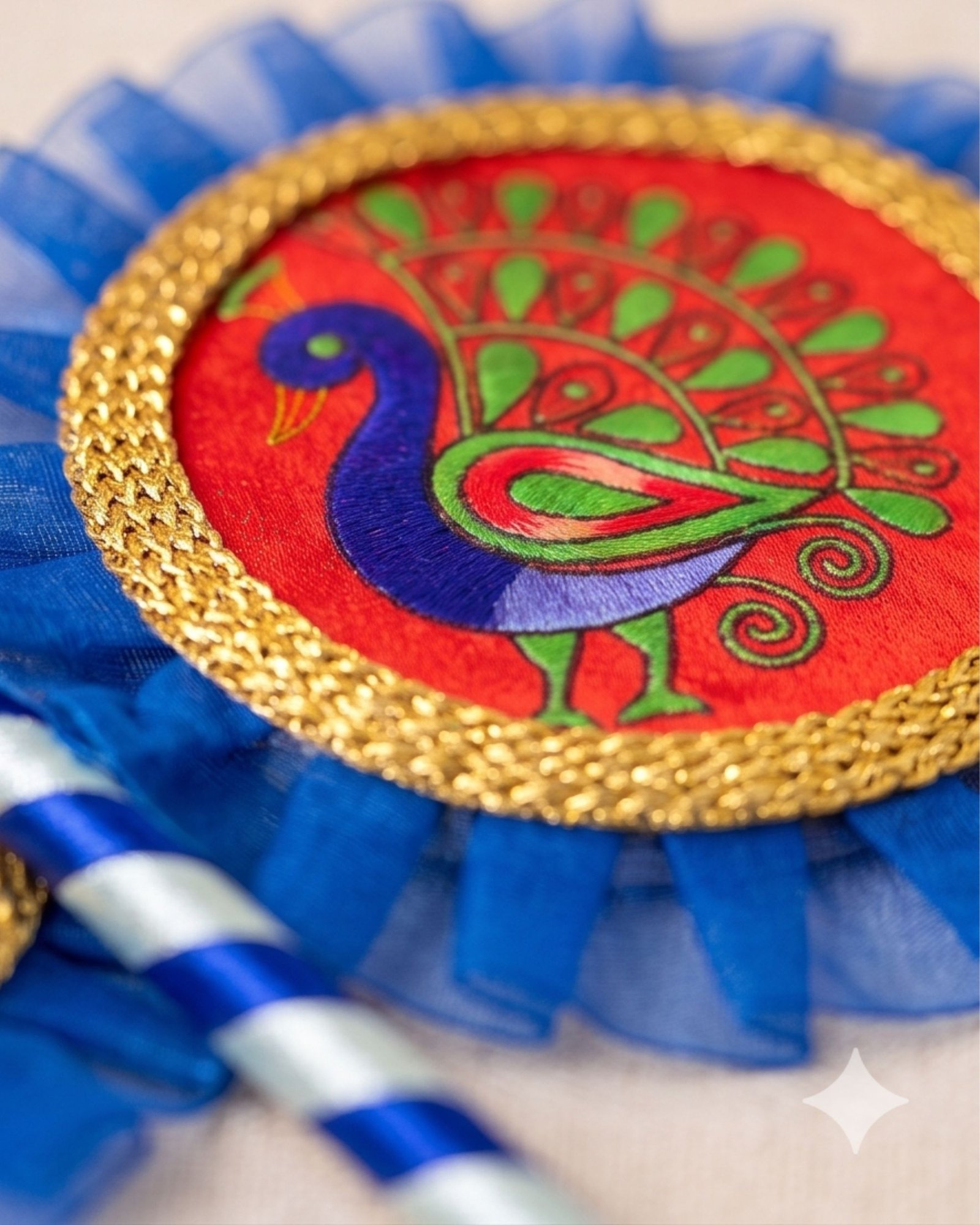 Hand Made Fan Pair for Thakur Ji Sewa (7x3 Inch) | Sacred Peacock Print on Red Background with Blue Cloth Border | Premium Deity Summer Pankha - Image 4