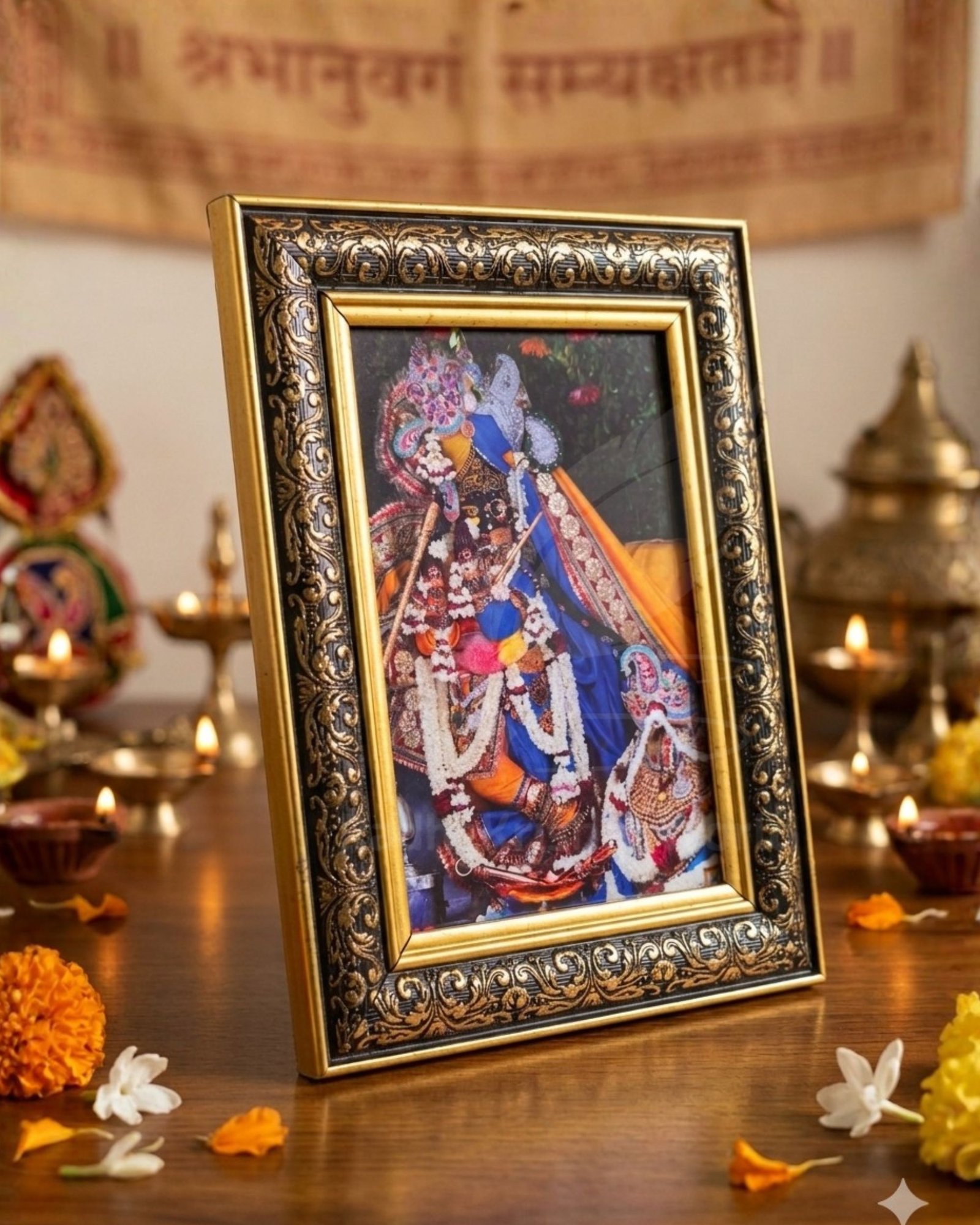 Shri Radha Vallabh Ji Yugal Darshan Golden Photo Frame (9*7 Inch) | Divine Vrindavan Thakur Ji | Premium Fiber Glass Wall & Table Decor