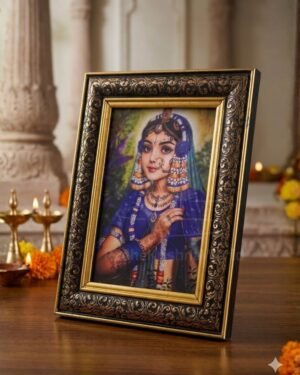 Shri Radha Rani Blue Dress Golden Photo Frame (9x7 Inch) | Divine Barsana Darshan | Premium Fiber Glass Wall & Table Decor