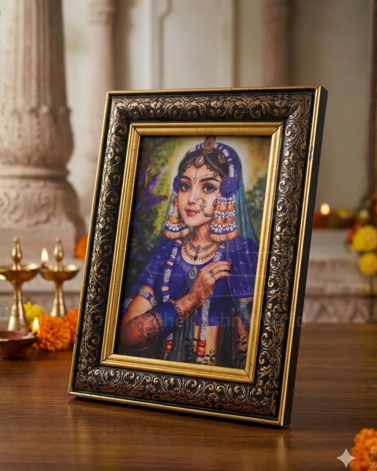 Shri Radha Rani Blue Dress Golden Photo Frame (9x7 Inch) | Divine Barsana Darshan | Premium Fiber Glass Wall & Table Decor