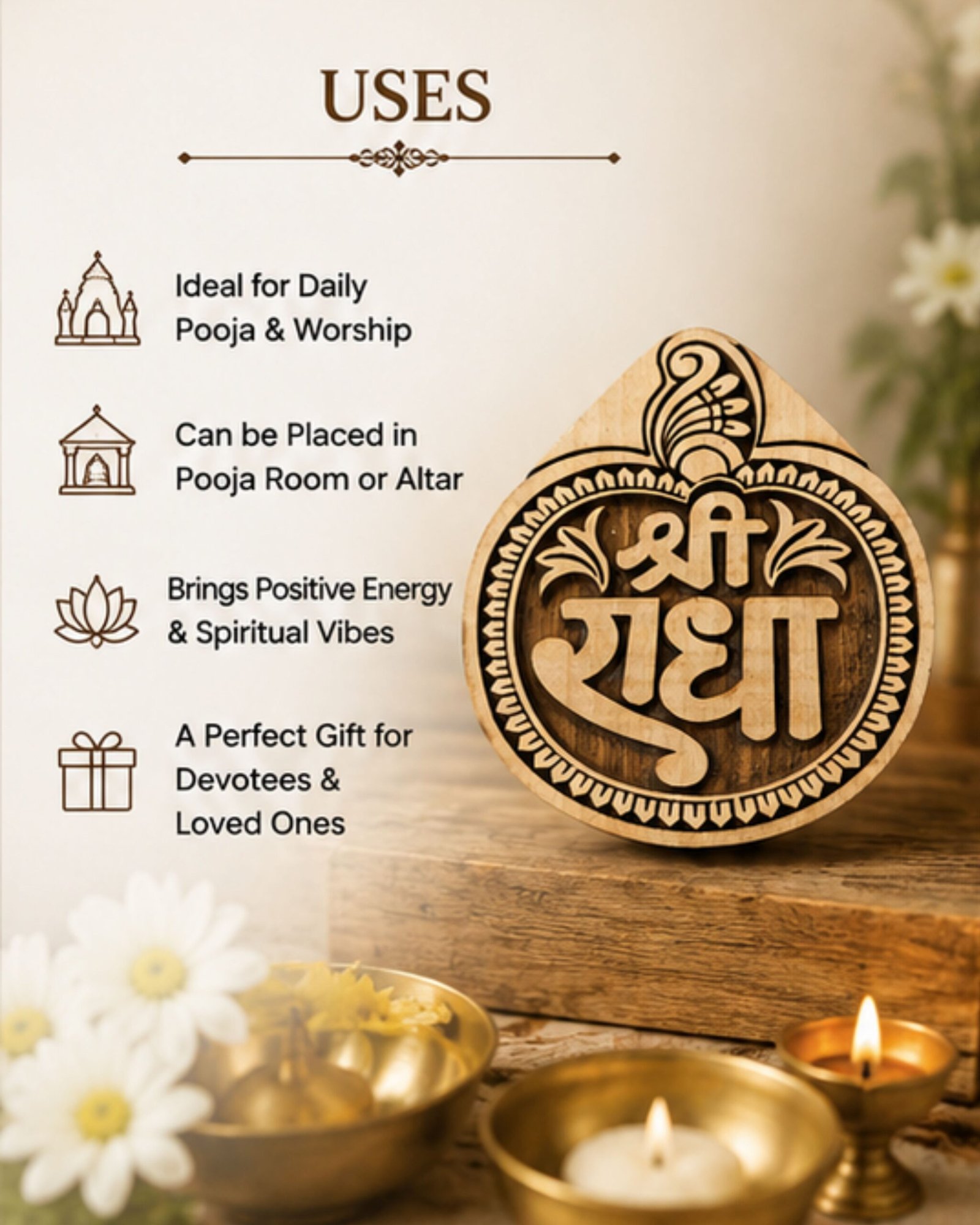 Premium Handcrafted Shri Radha Name Round Shape Kadamb Wood Nam Sewa (9x8 cm) | 1.5 cm Thick Holy Braj Desktop Altar Decor | Traditional Vrindavan Sacred Wood Devotional Keepsake - Image 4