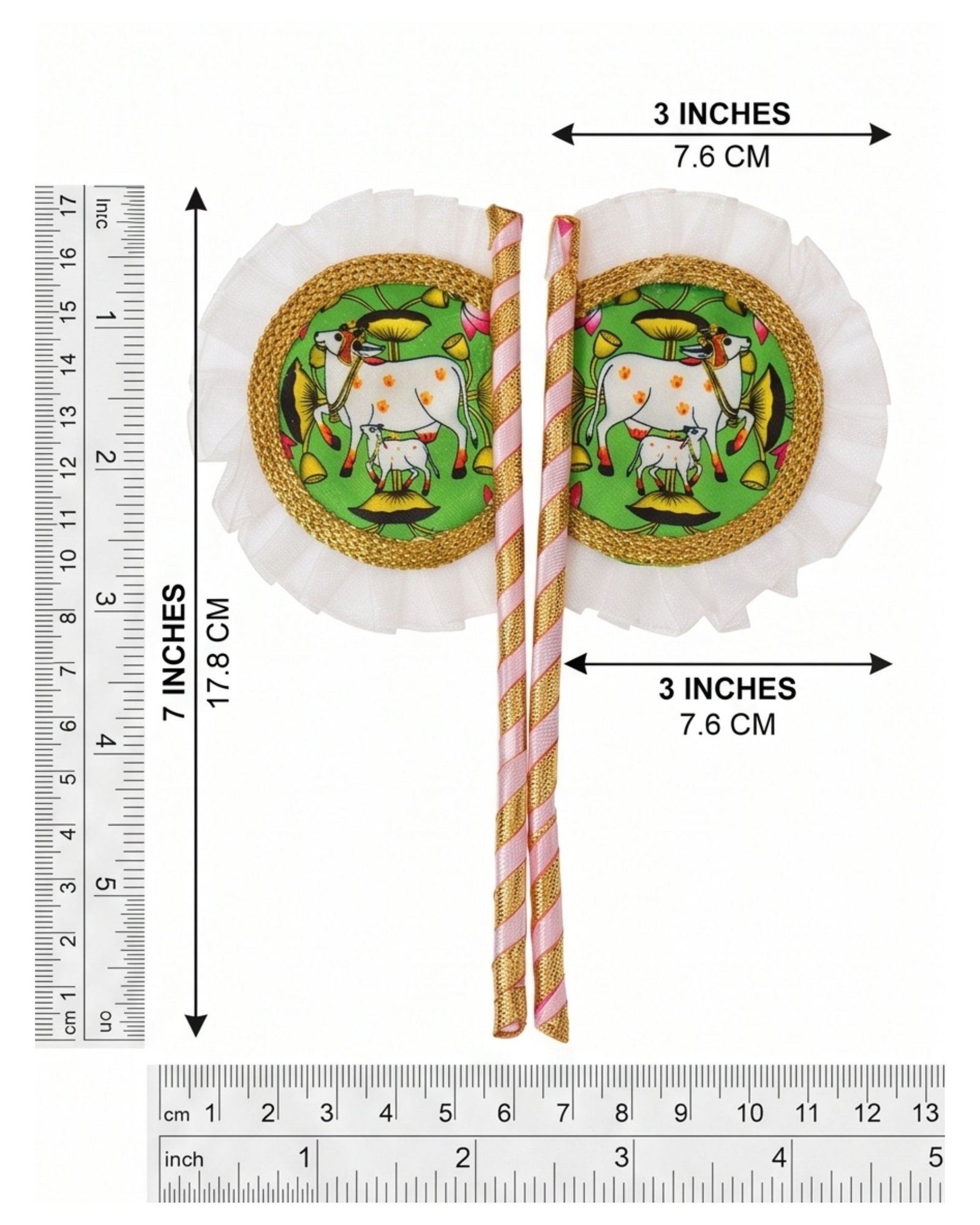 Hand Made Fan Pair for Thakur Ji Sewa (7x3 Inch) | Sacred Cow Print on Green Background with White Cloth Border | Premium Deity Summer Pankha - Image 2