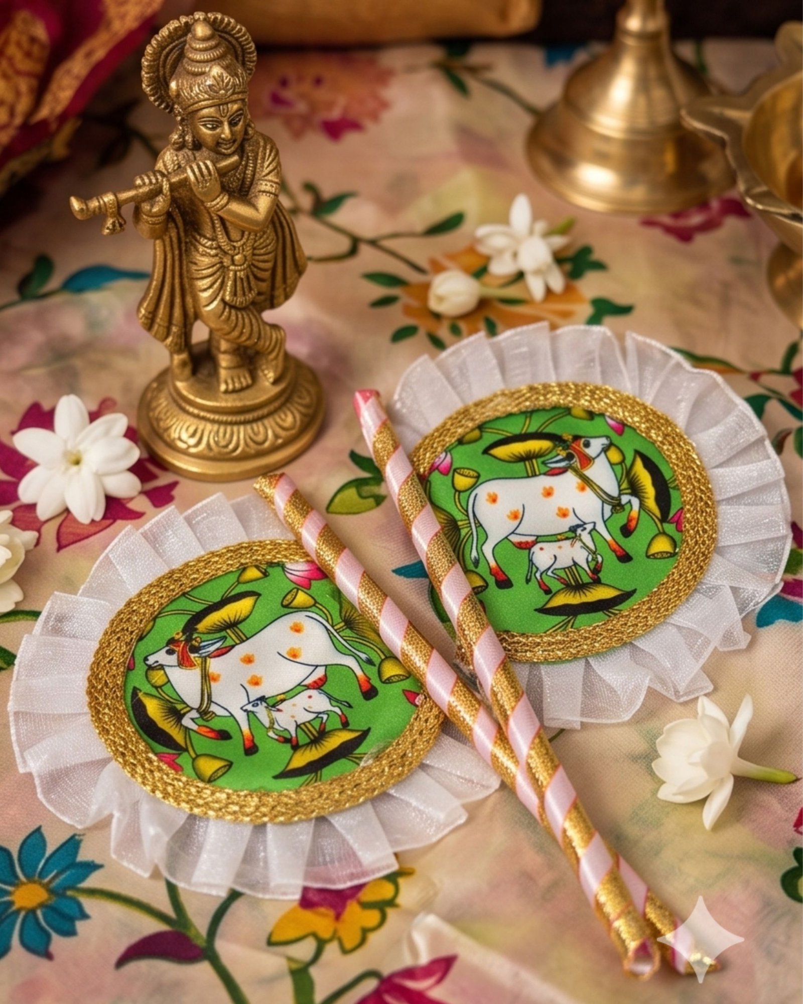 Hand Made Fan Pair for Thakur Ji Sewa (7x3 Inch) | Sacred Cow Print on Green Background with White Cloth Border | Premium Deity Summer Pankha - Image 3