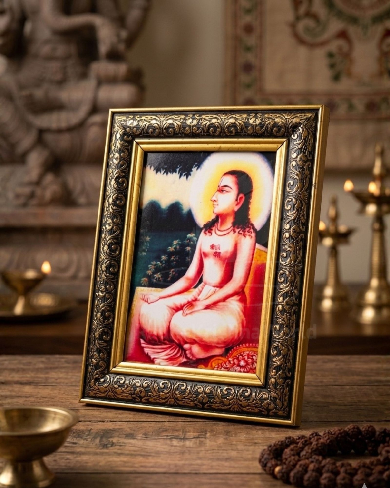 Shri Sewak Ji Maharaj Golden Photo Frame (9x7 Inch) | Divine Rasik Saint Darshan | Premium Fiber Glass Wall & Table Decor
