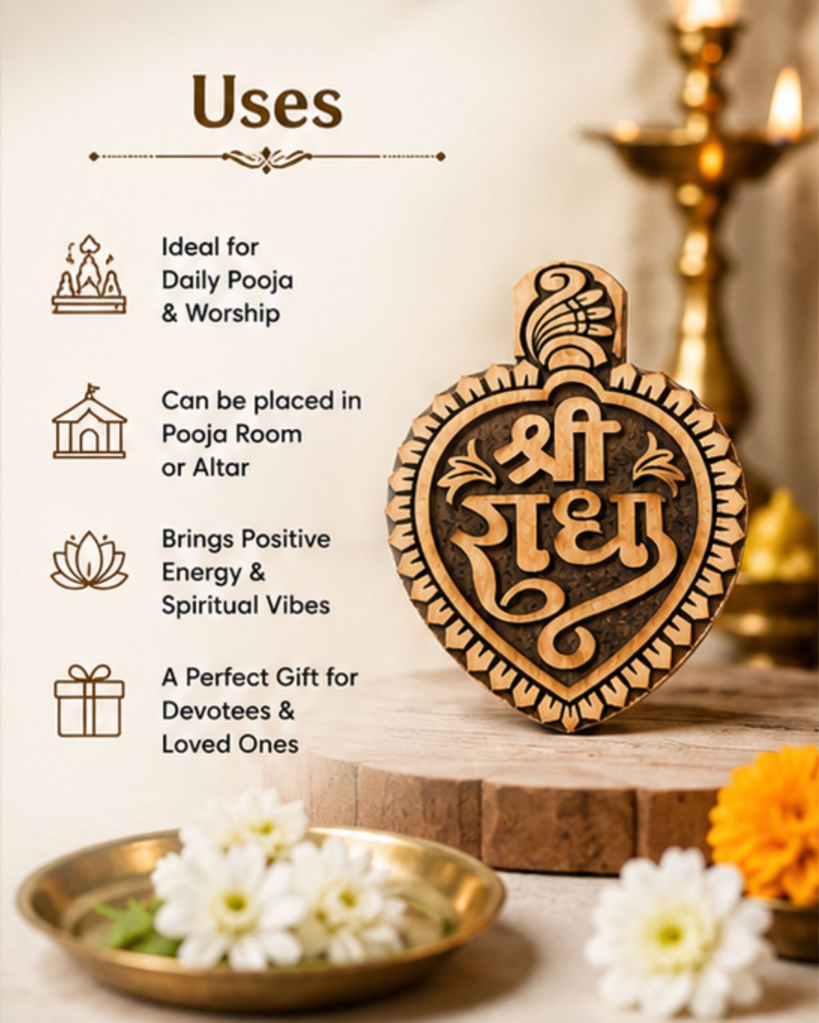 Premium Handcrafted Shri Radha Name Heart Shape Kadamb Wood Nam Sewa (10x7.5 cm) | 1.5 cm Thick Holy Braj Desktop Altar Decor | Traditional Vrindavan Sacred Wood Devotional Keepsake - Image 3