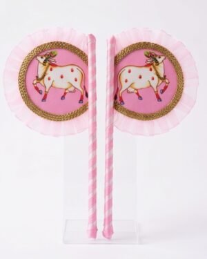 Hand Made Fan Pair for Thakur Ji Sewa (7x3 Inch) | Sacred Cow Print on Pink Background with Pink Cloth Border | Premium Deity Summer Pankha