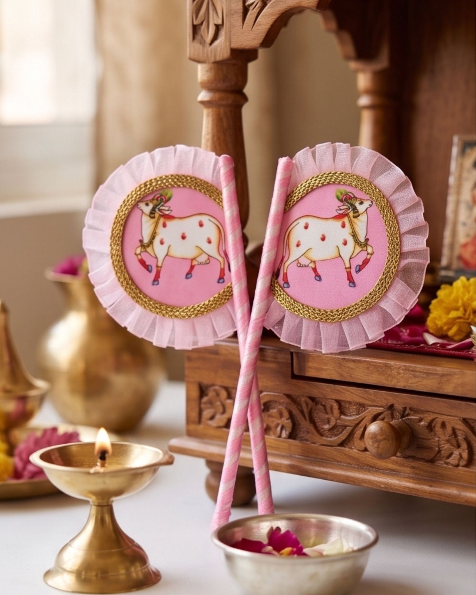 Hand Made Fan Pair for Thakur Ji Sewa (7x3 Inch) | Sacred Cow Print on Pink Background with Pink Cloth Border | Premium Deity Summer Pankha - Image 2