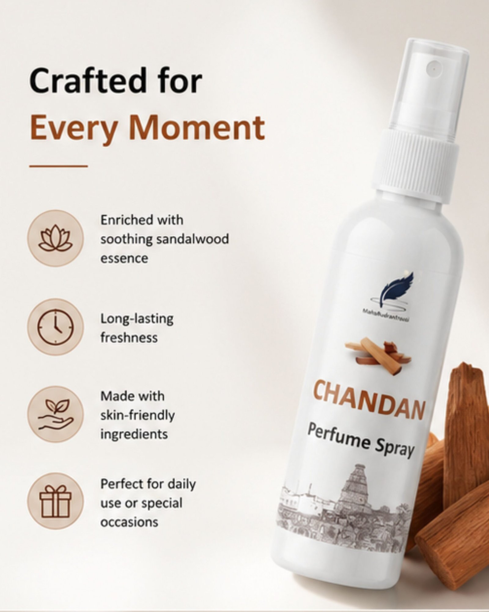 Chandan Perfume Spray (100ml) – Natural Long Lasting Sandalwood Fragrance | Made in Vrindavan - Image 2