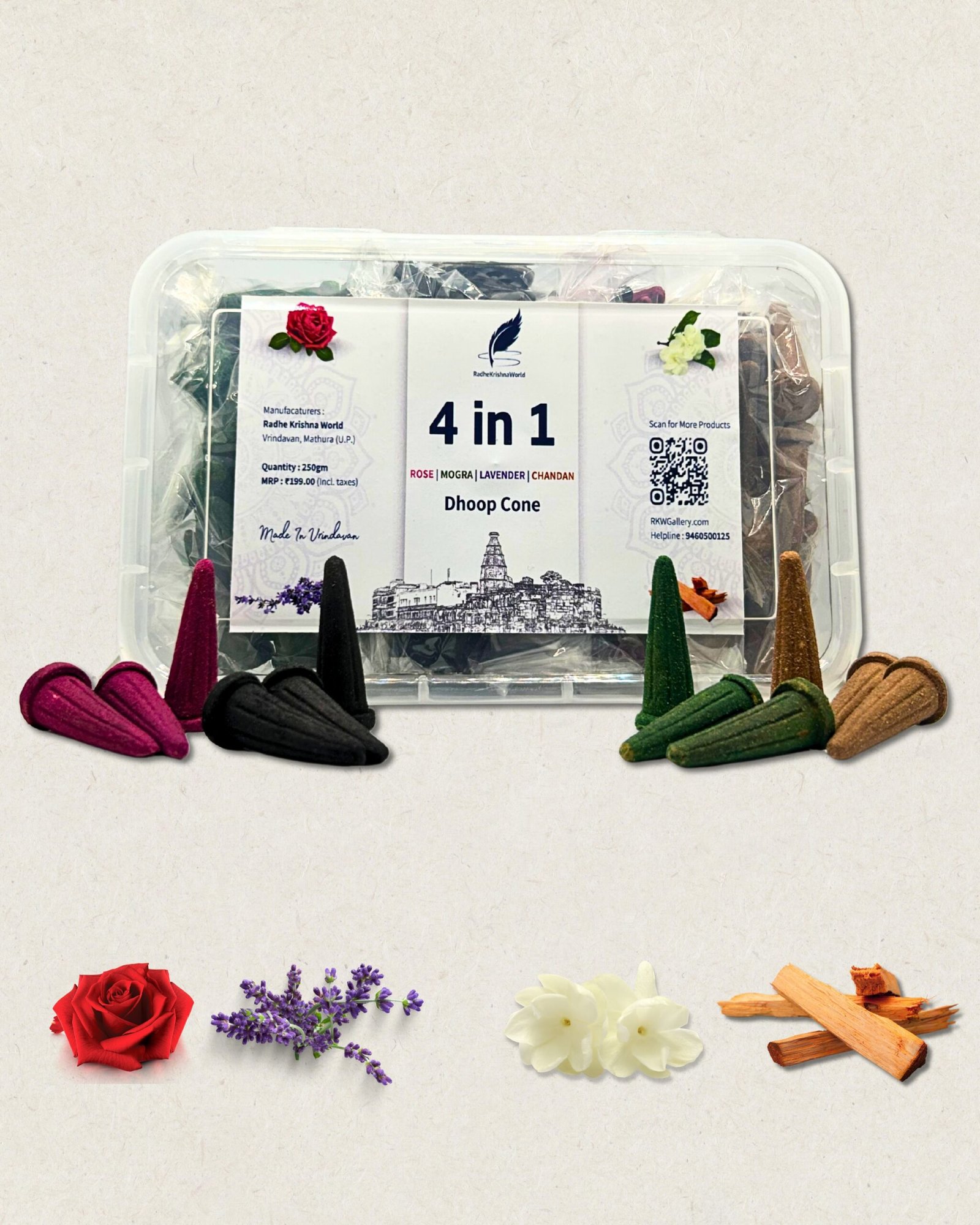 4 in 1 Dhoop Cones – Rose, Mogra, Lavender & Chandan | 250gm Natural Fragrance