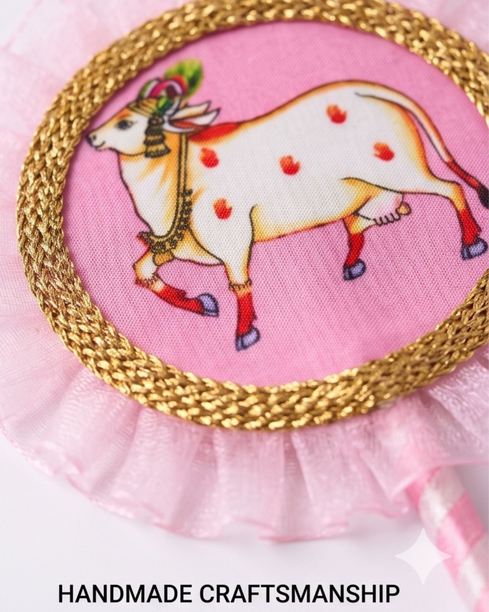 Hand Made Fan Pair for Thakur Ji Sewa (7x3 Inch) | Sacred Cow Print on Pink Background with Pink Cloth Border | Premium Deity Summer Pankha - Image 3