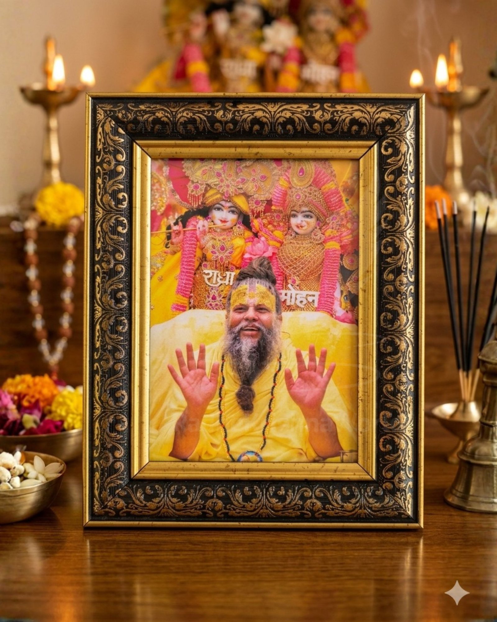 Shri Premanand Ji Maharaj Golden Photo Frame (9x7 Inch) | Divine Vrindavan Rasik Saint Darshan | Premium Fiber Glass Wall & Table Decor