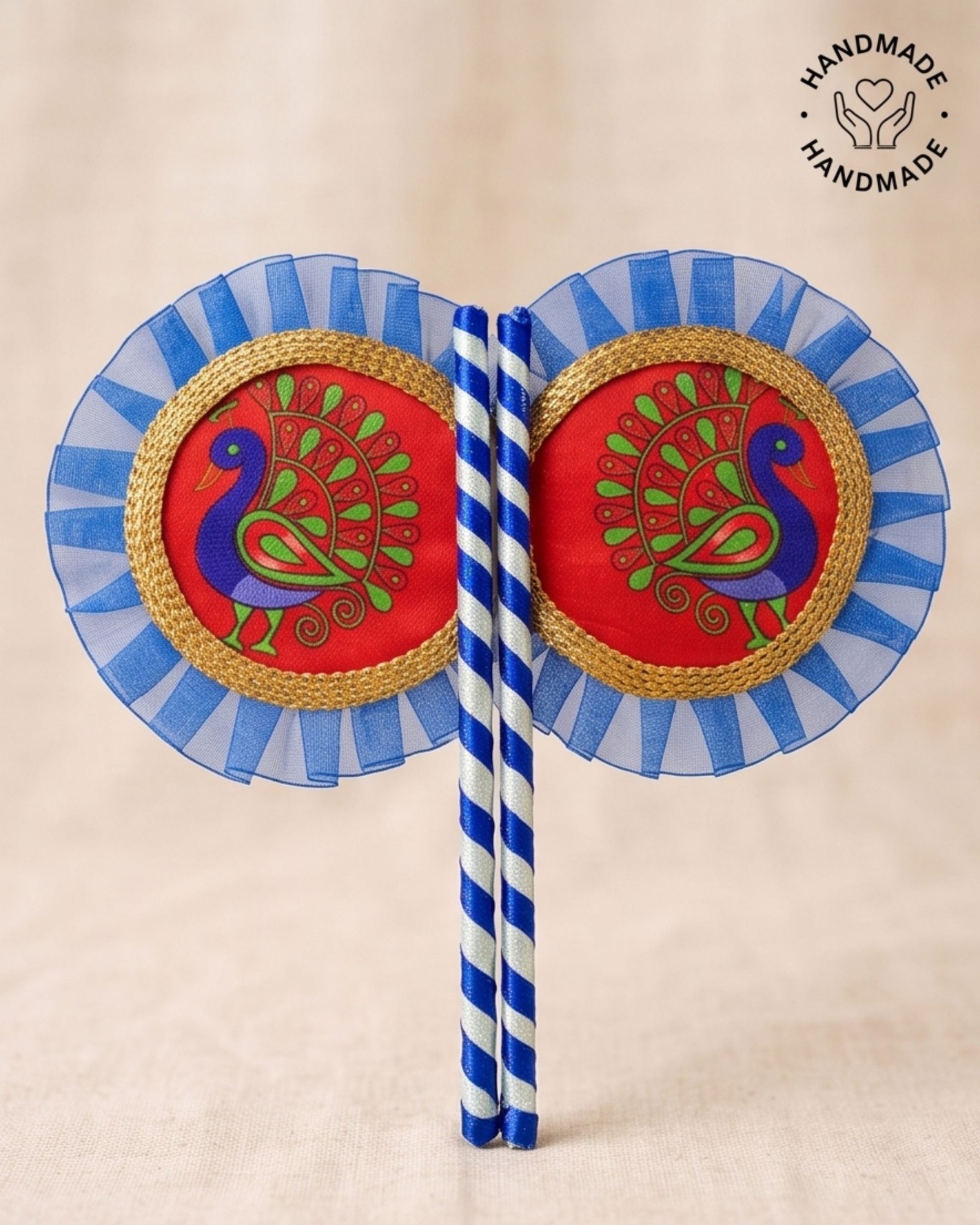 Hand Made Fan Pair for Thakur Ji Sewa (7x3 Inch) | Sacred Peacock Print on Red Background with Blue Cloth Border | Premium Deity Summer Pankha