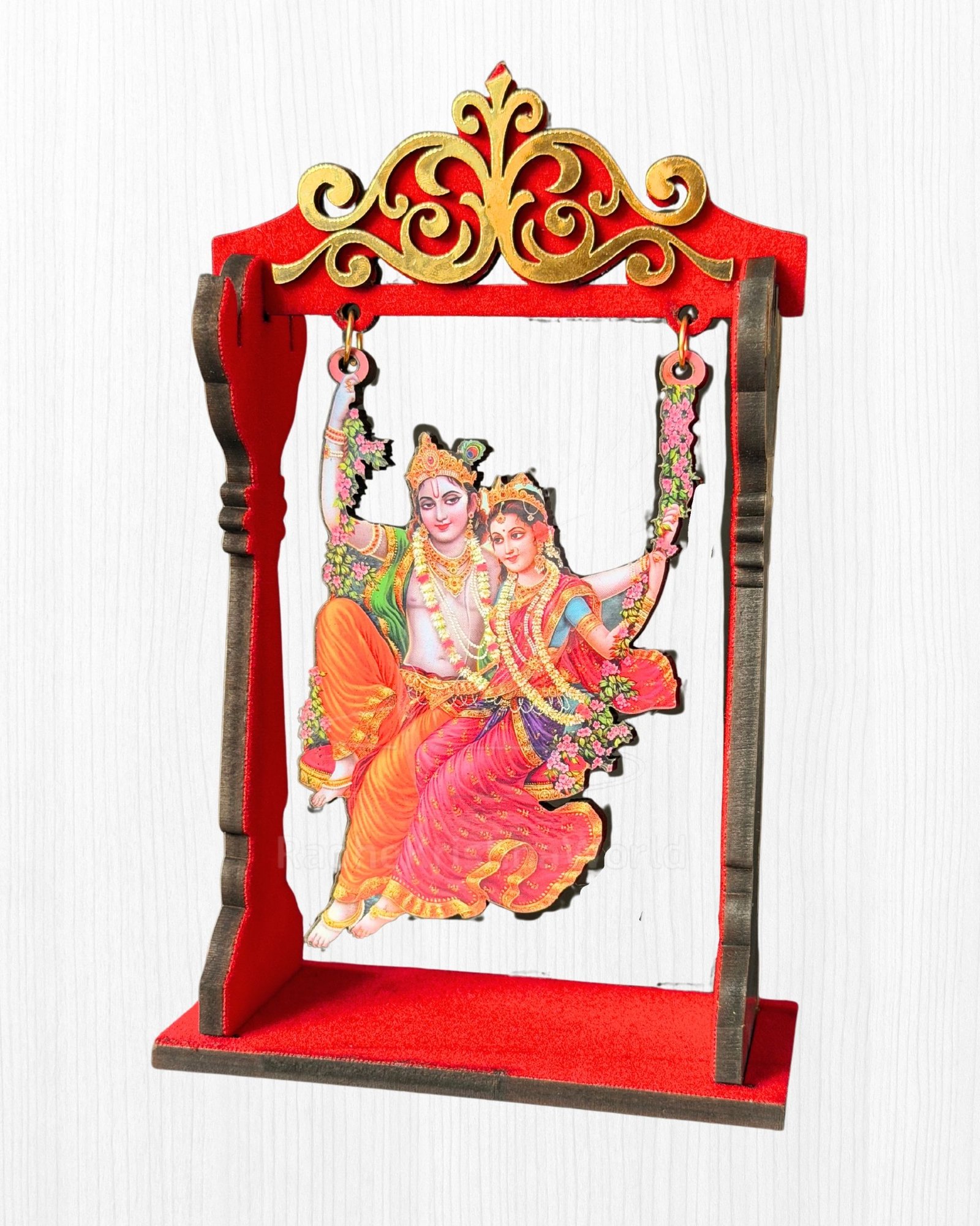 15cm Shri RadhaKrishna On Swing MDF Cutouts | Divine Jhulan Yatra Standee for Home Altar