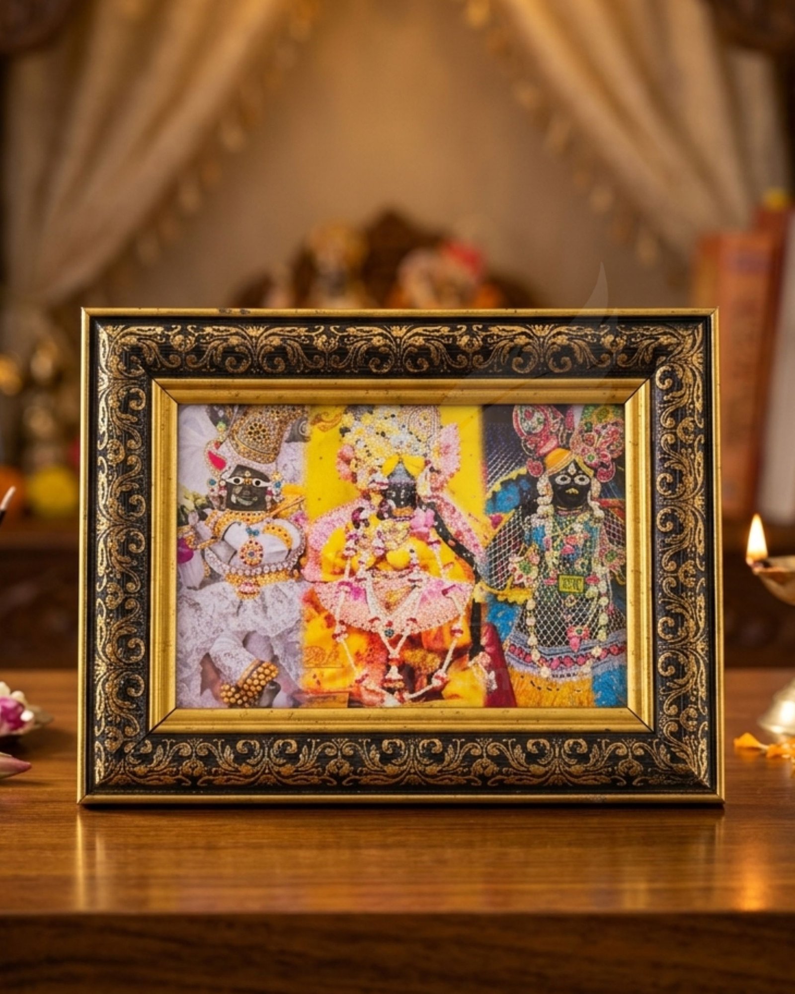 Three Thakur Ji 3-in-1 Golden Photo Frame (9x7 Inch) | Radha Vallabh, Radha Raman & Bankey Bihari | Premium Fiber Glass Wall & Table Decor