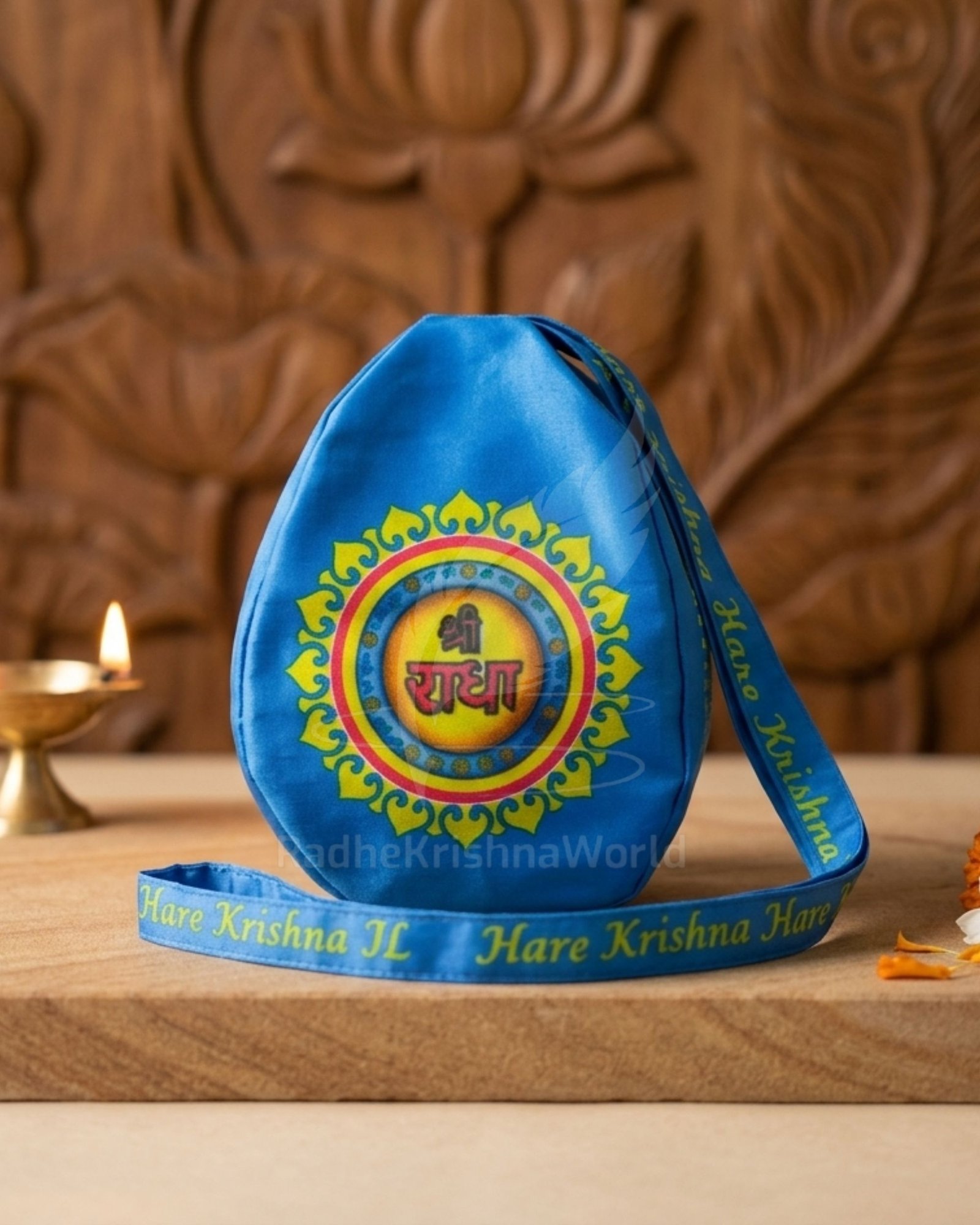 Shri Radha Name Printed Blue Cotton Premium Japa Bag | Jaap Jholi for Meditation | Sacred Chanting Bead Bag in Divine Blue