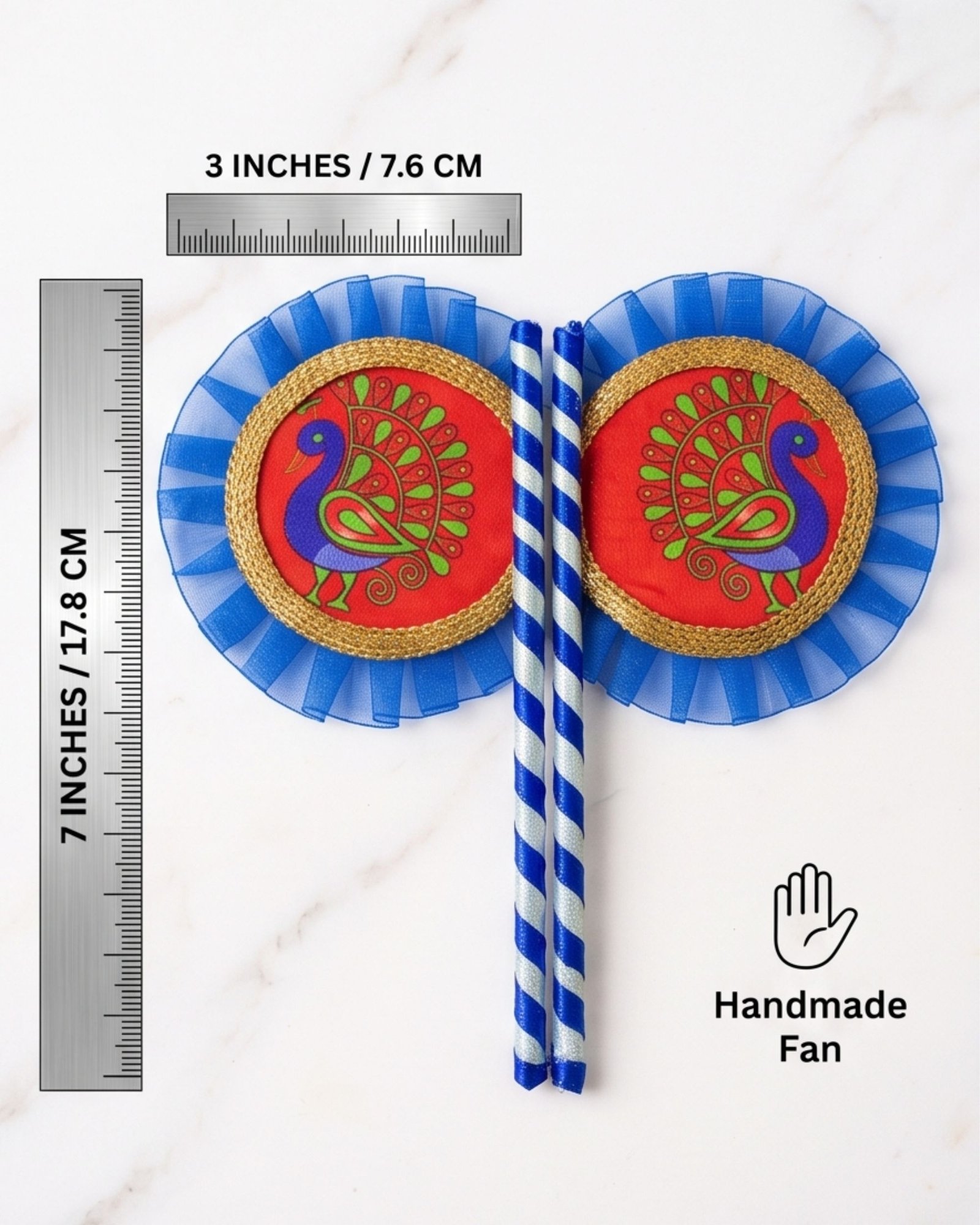 Hand Made Fan Pair for Thakur Ji Sewa (7x3 Inch) | Sacred Peacock Print on Red Background with Blue Cloth Border | Premium Deity Summer Pankha - Image 2