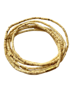 Beaded wooden bracelet strands looped together on a white background.