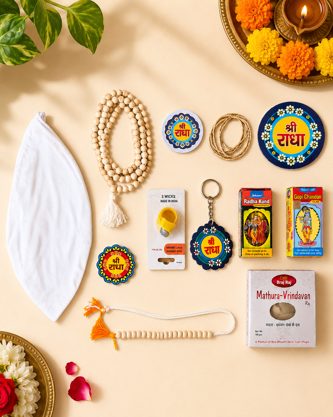 RKW Divine Combo Pack of 12 Sacred Items | Complete Daily Sadhana Kit with Jaap Jholi, Neem & Tulsi Mala, Tilak, and Mantra Counter | Authentic Vrindavan Devotional Gift Box