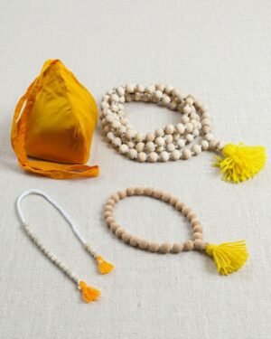 Premium Quality Spiritual Japa Combo | Yellow Cotton Rayon Jholi, 108 Beads Tulsi Jaap Mala, Tulsi Sumarni & Sakshi Mala | Complete Devotional Sadhana Kit