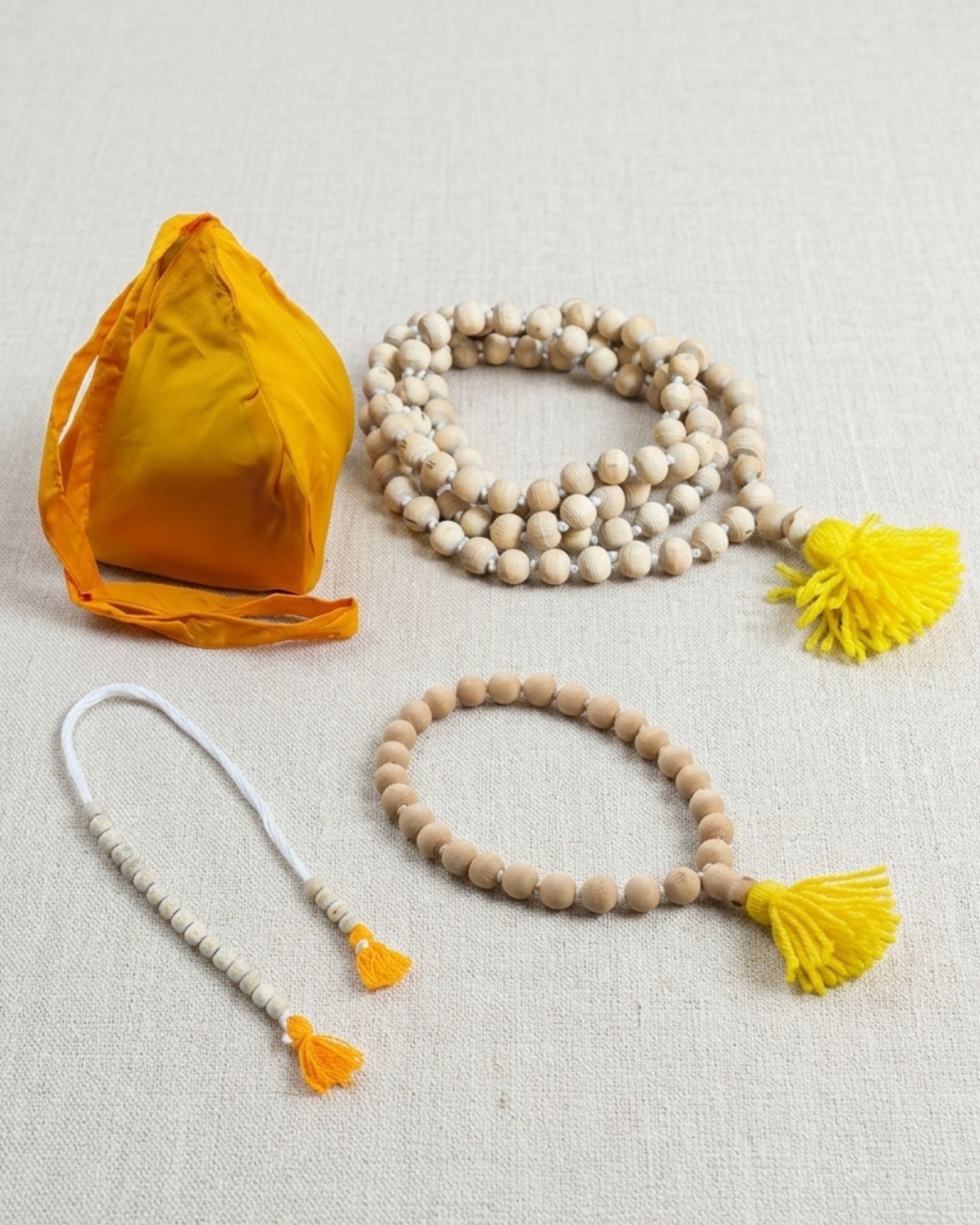 Premium Quality Spiritual Japa Combo | Yellow Cotton Rayon Jholi, 108 Beads Tulsi Jaap Mala, Tulsi Sumarni & Sakshi Mala | Complete Devotional Sadhana Kit