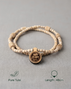 Pure original Tulsi Kanthi Mala featuring Shri Krishna name locket and 6 Radha inscribed beads from Vrindavan