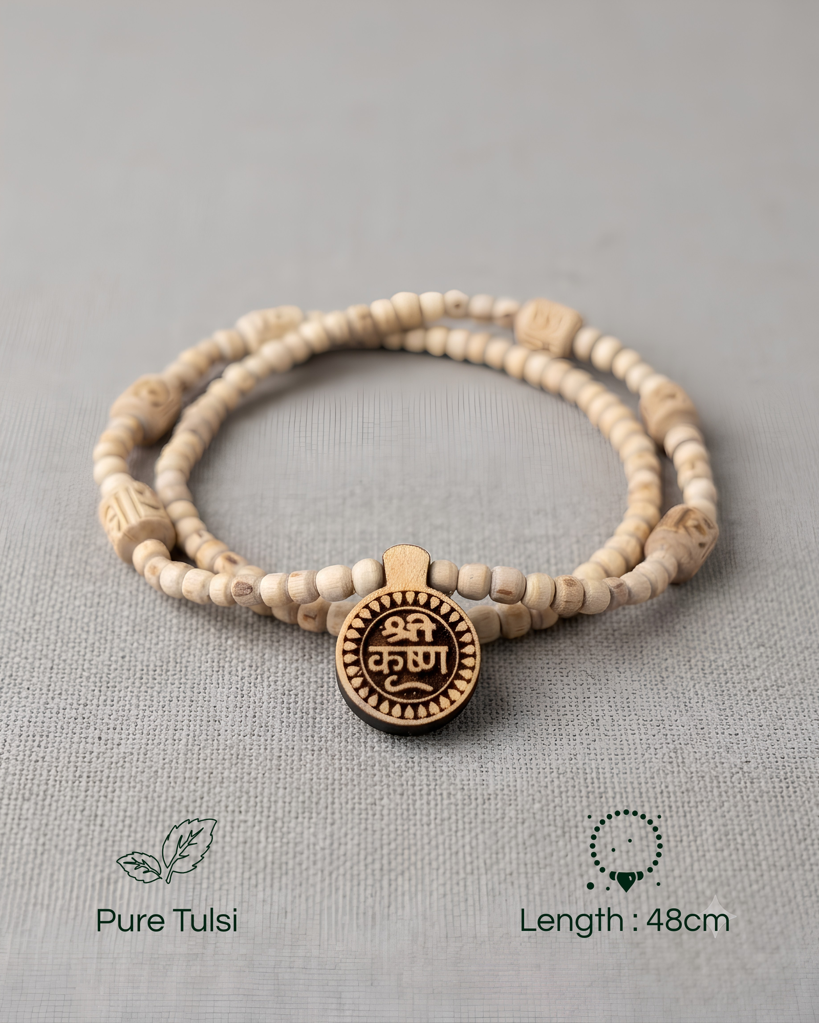 Pure original Tulsi Kanthi Mala featuring Shri Krishna name locket and 6 Radha inscribed beads from Vrindavan