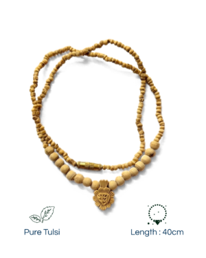 Wooden bead necklace with a carved pendant, labeled Pure Tulsi, about 40 cm long.
