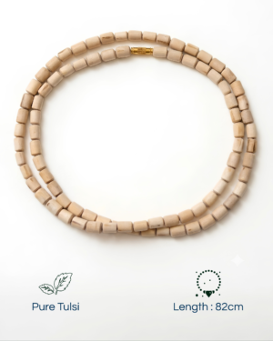 Beaded wooden necklace with a gold clasp, arranged in a loose circle on a white background (Length: 82 cm).